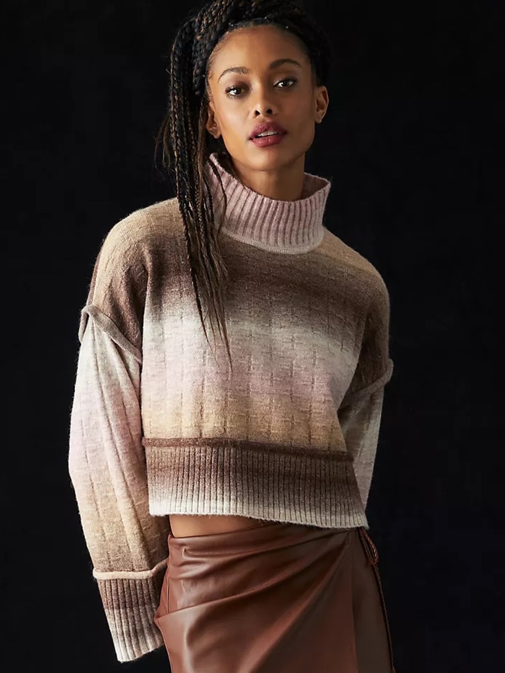 Anthropologie Pilcro Chunky mock neck sweater Medium pink brown western striped